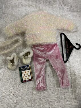 American Girl Iridescent Fuzzy Sweater with Pink Velvet Pants & Cream Booties